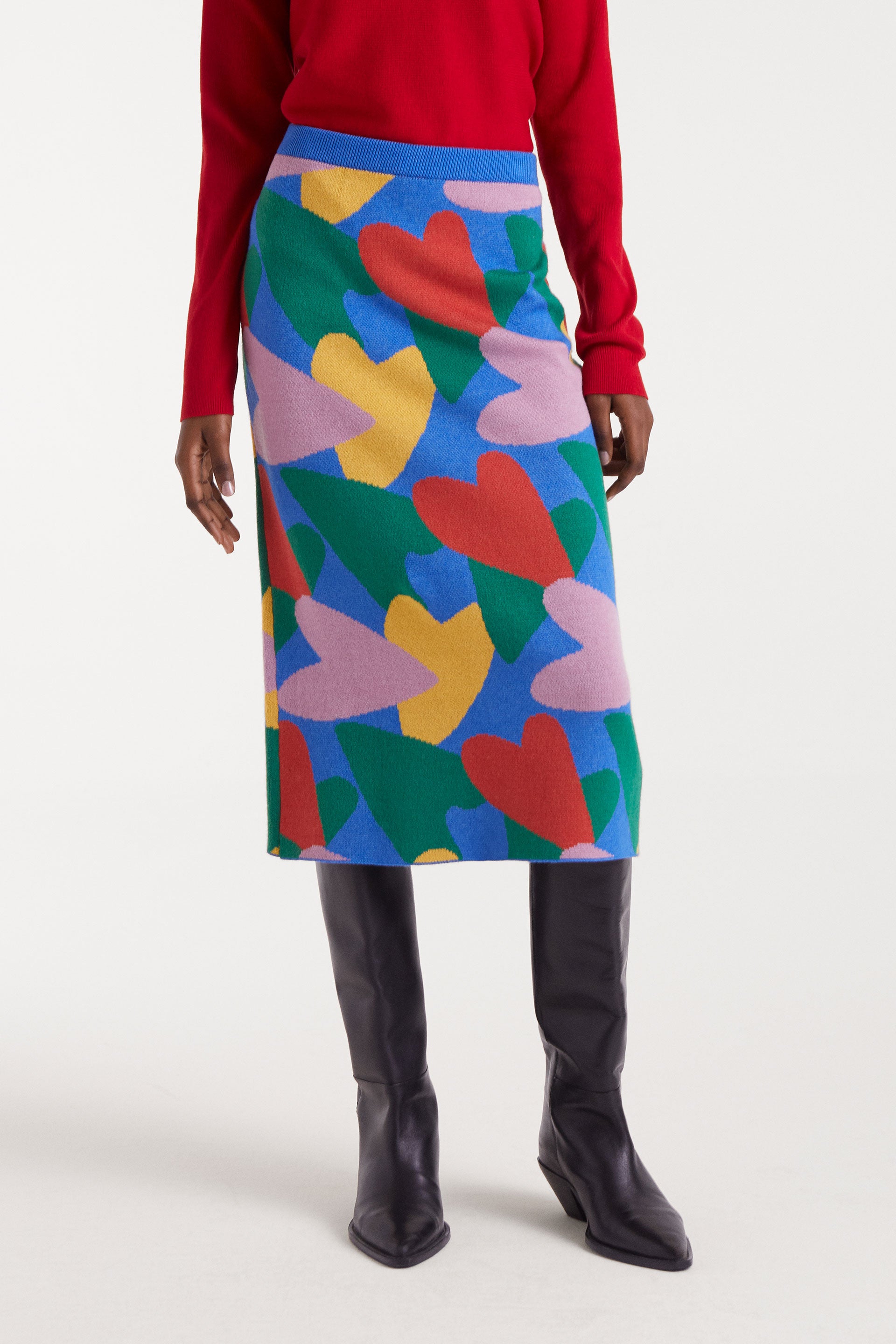 Midi Pencil Skirt Multi Colour Heart Print