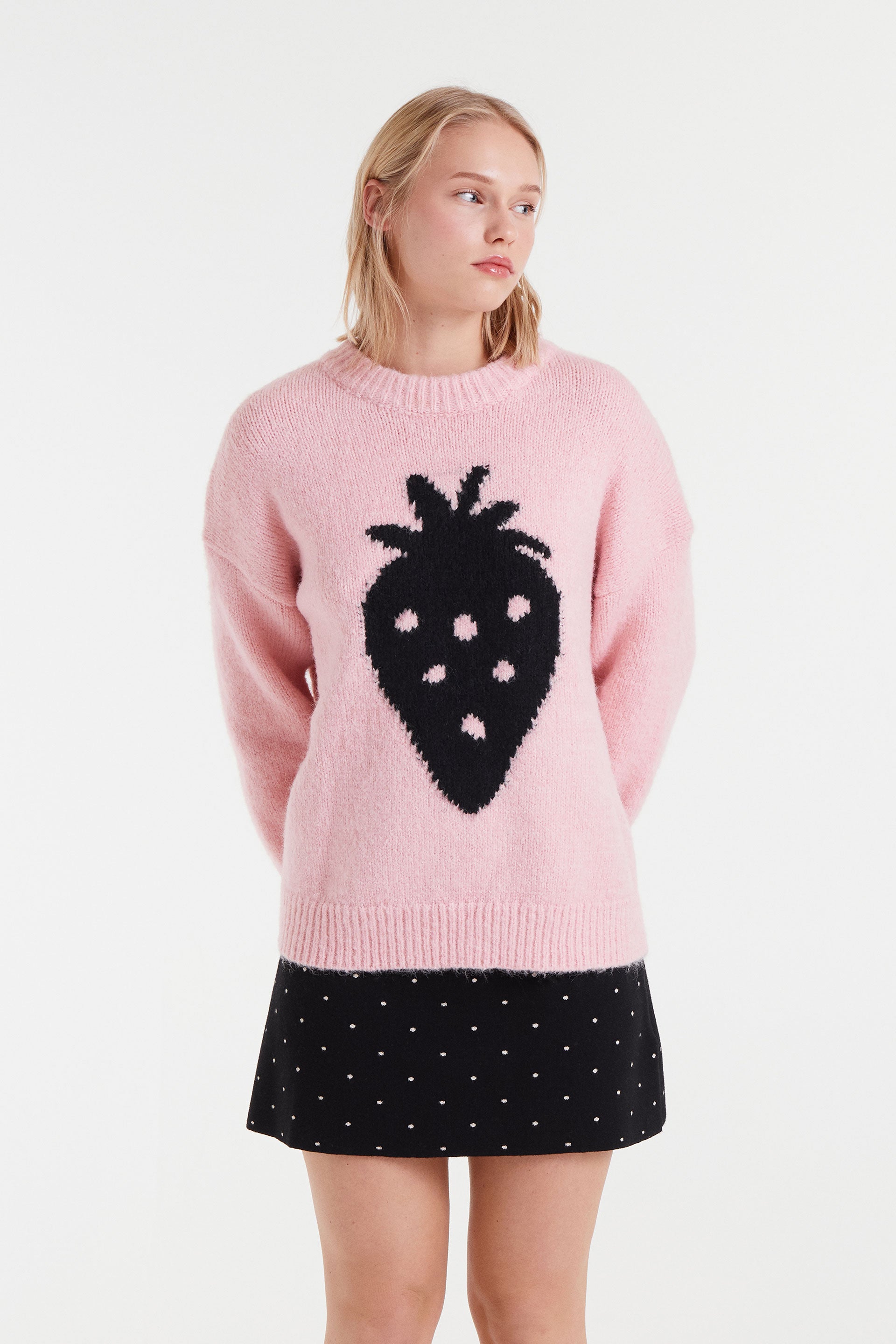 Pink Sweater with Black Strawbery Motif