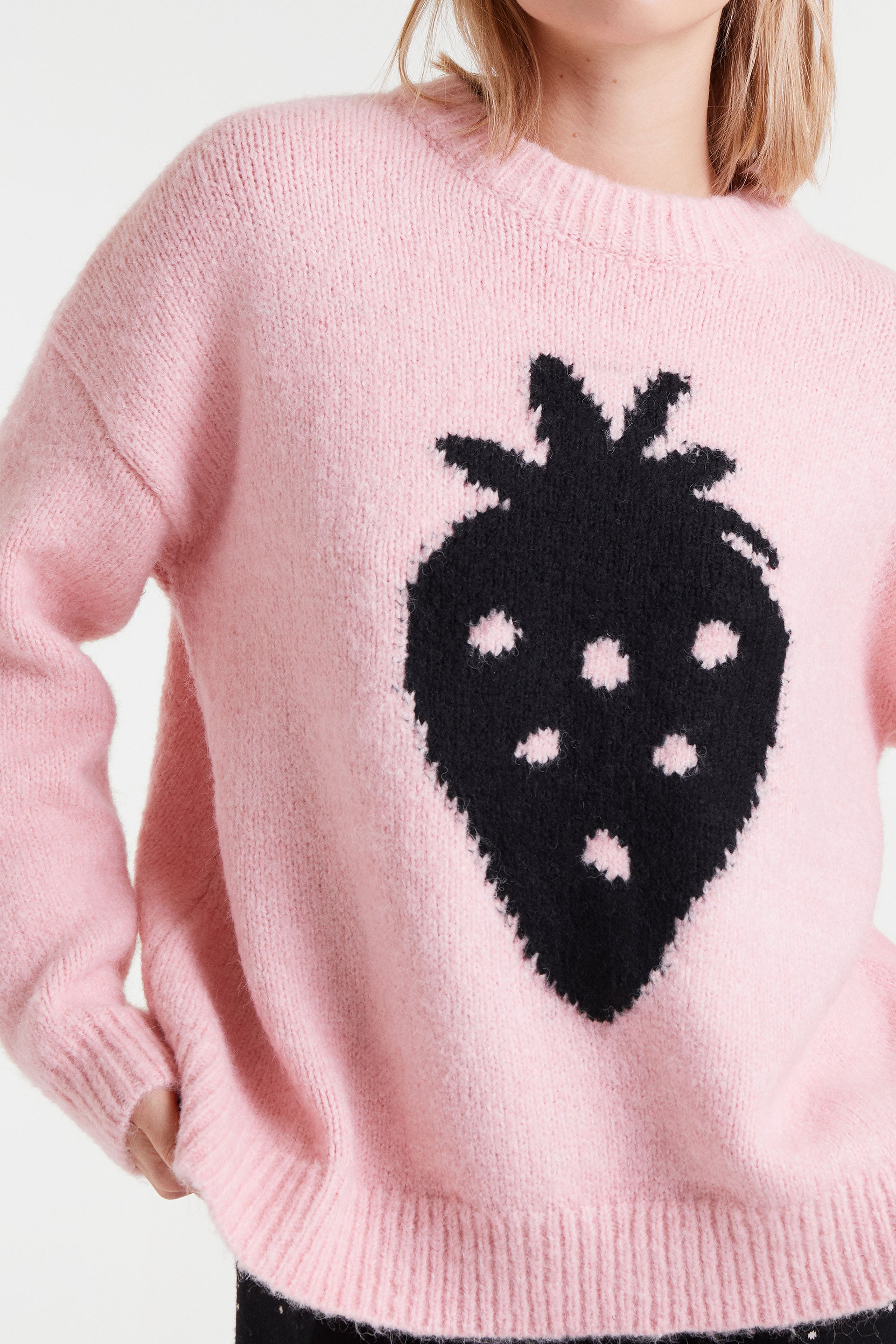 Pink Sweater with Black Strawbery Motif