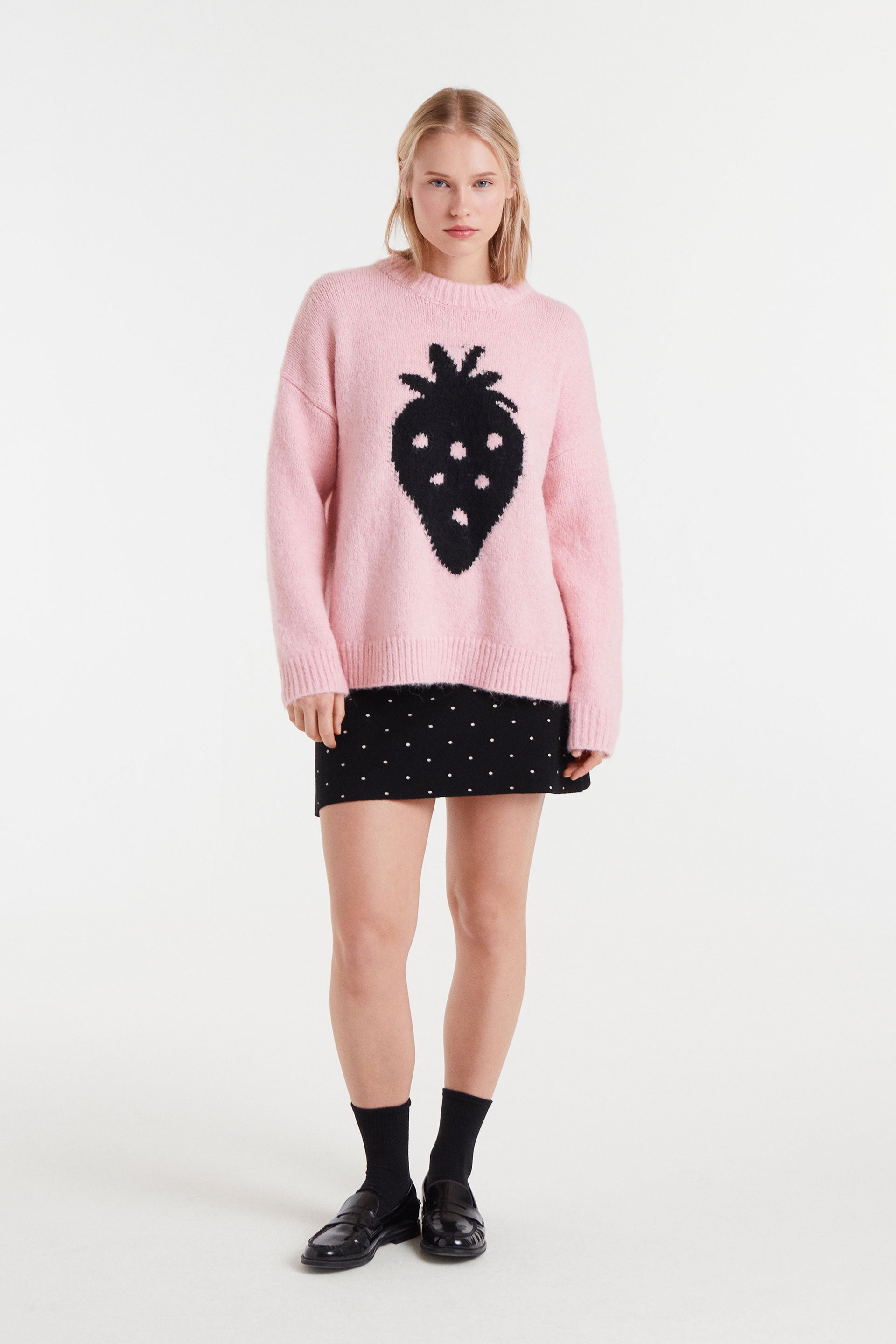 Pink Sweater with Black Strawbery Motif