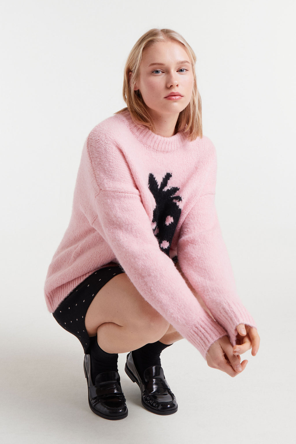 Pink Sweater with Black Strawbery Motif