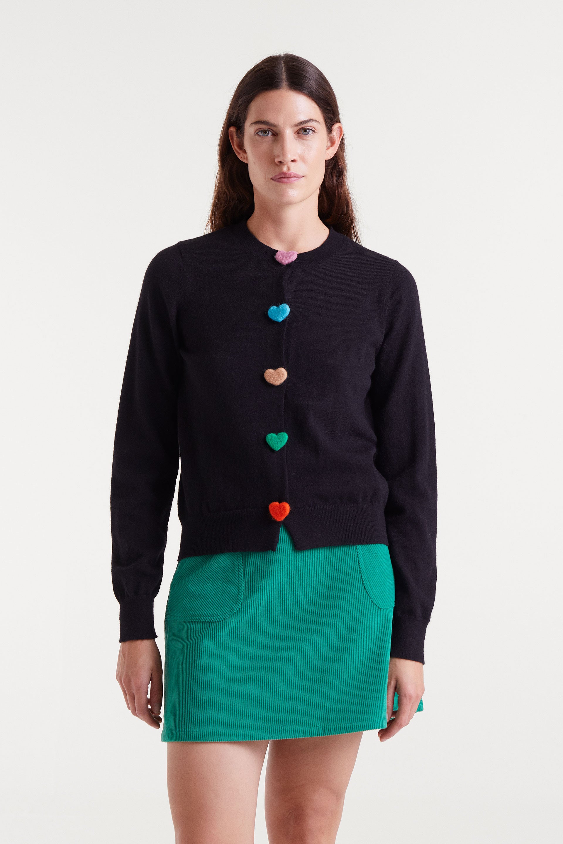 Black Knitted Cardigan with Heart-Shaped Buttons