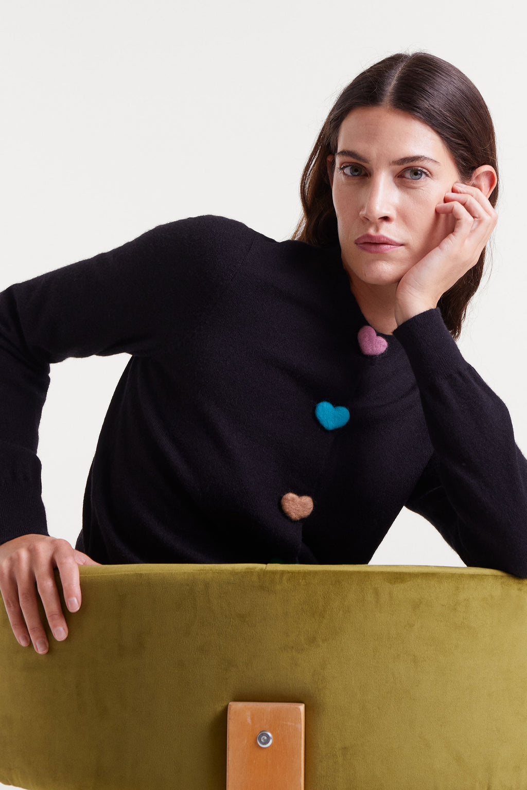 Black Knitted Cardigan with Heart-Shaped Buttons