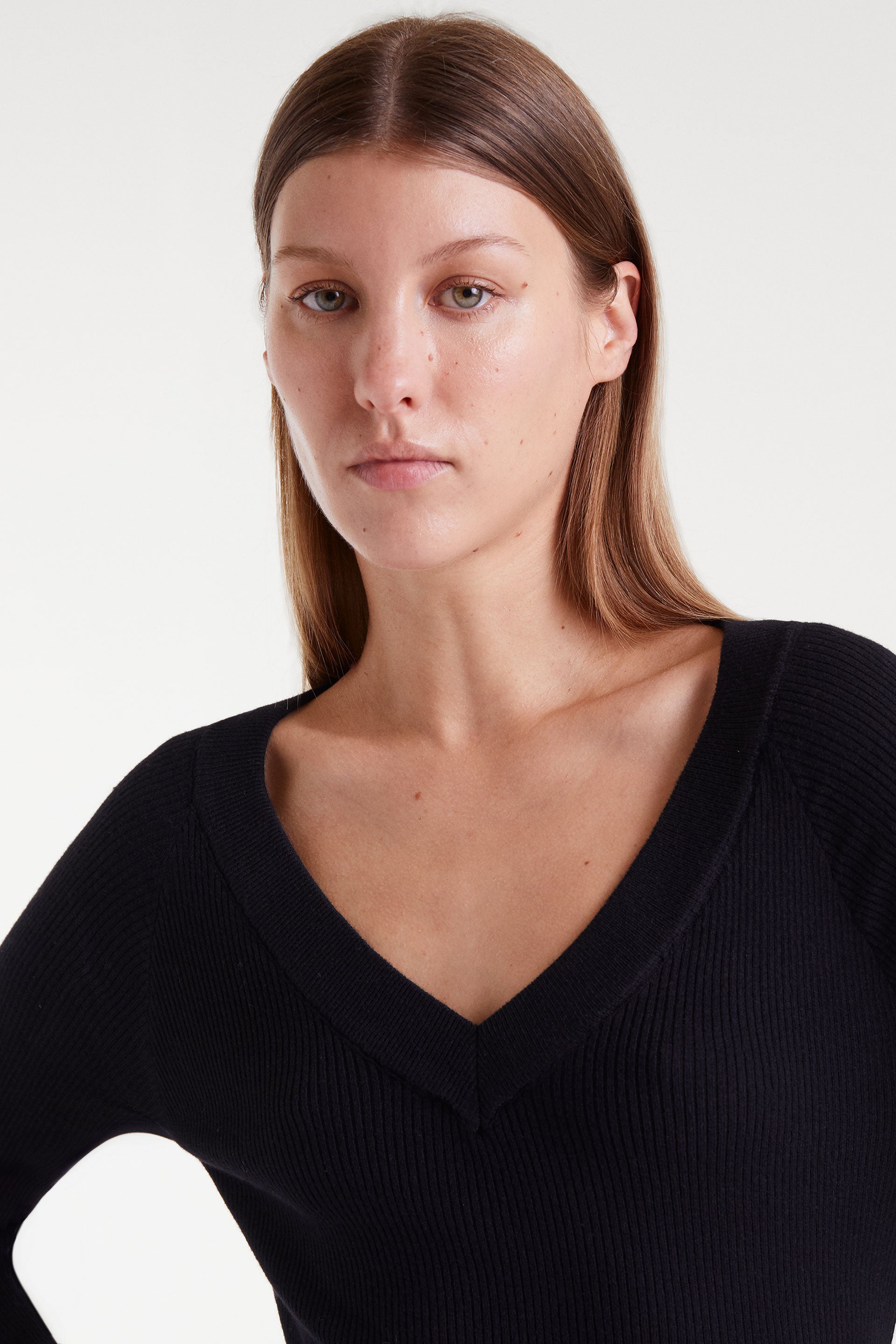 Black V-Neck Ribbed Sweater