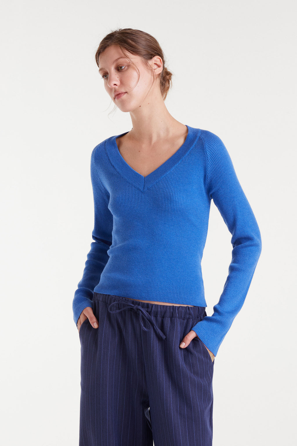 Blue V-Neck Ribbed Sweater