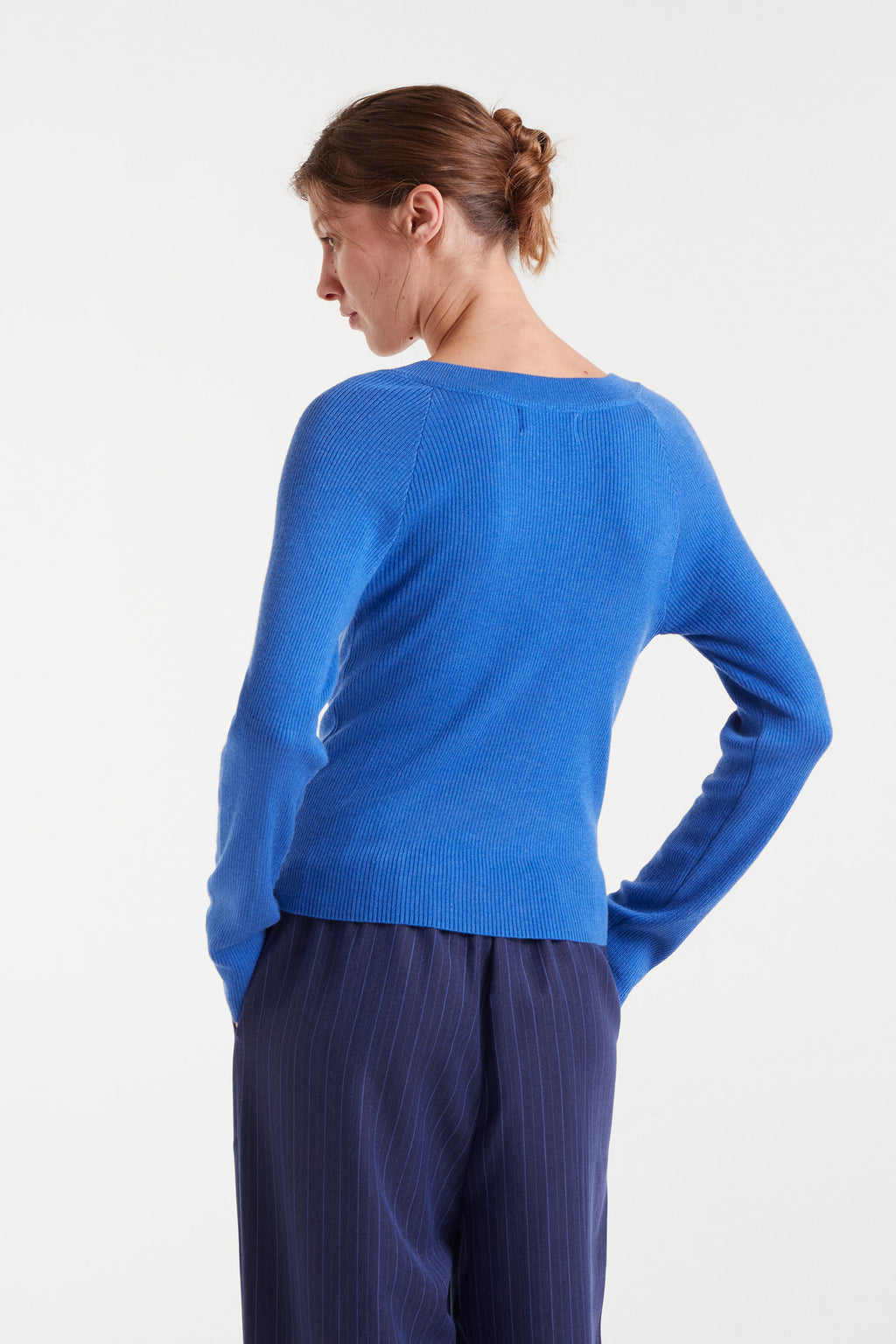 Blue V-Neck Ribbed Sweater