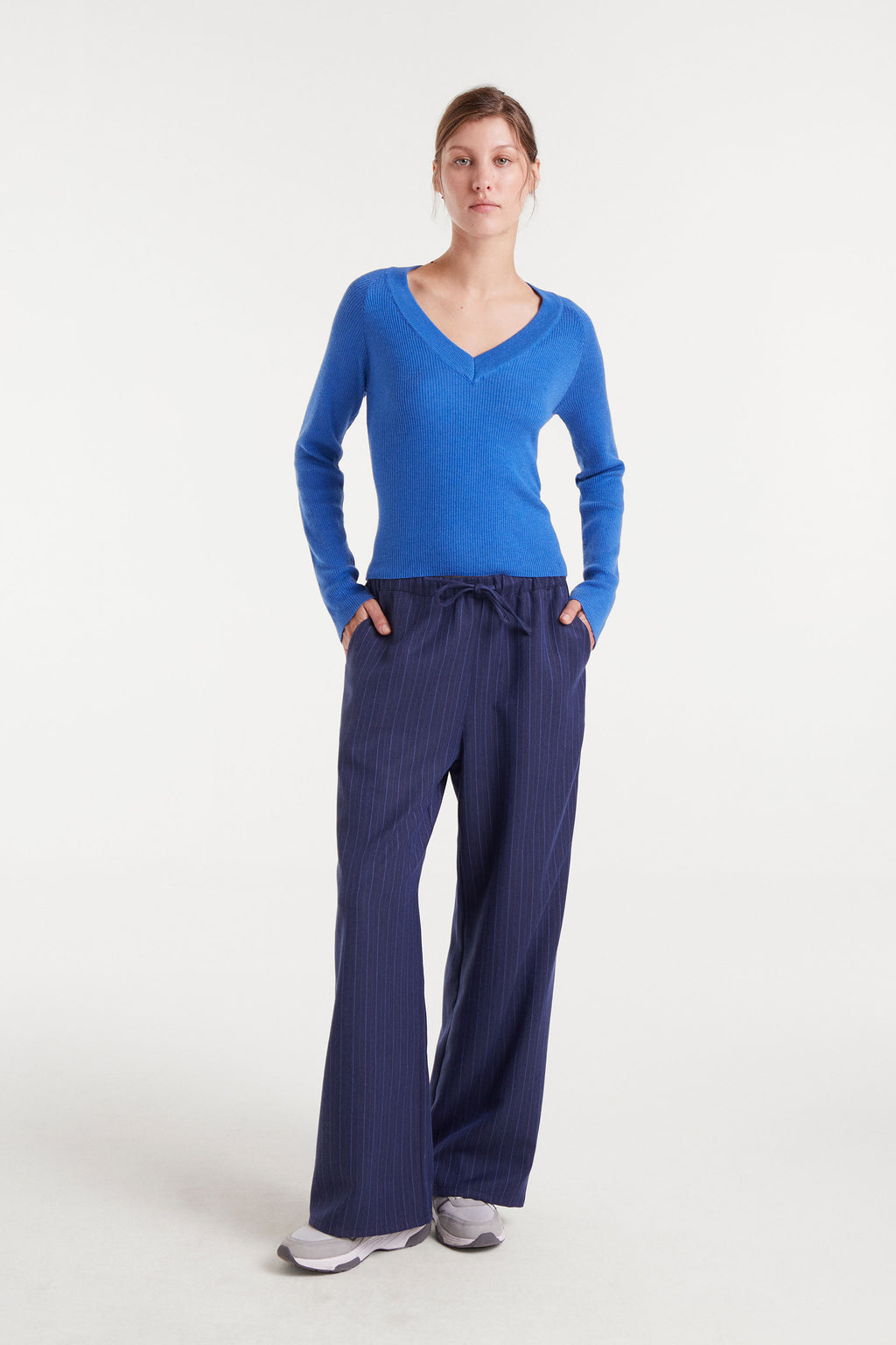 Blue V-Neck Ribbed Sweater