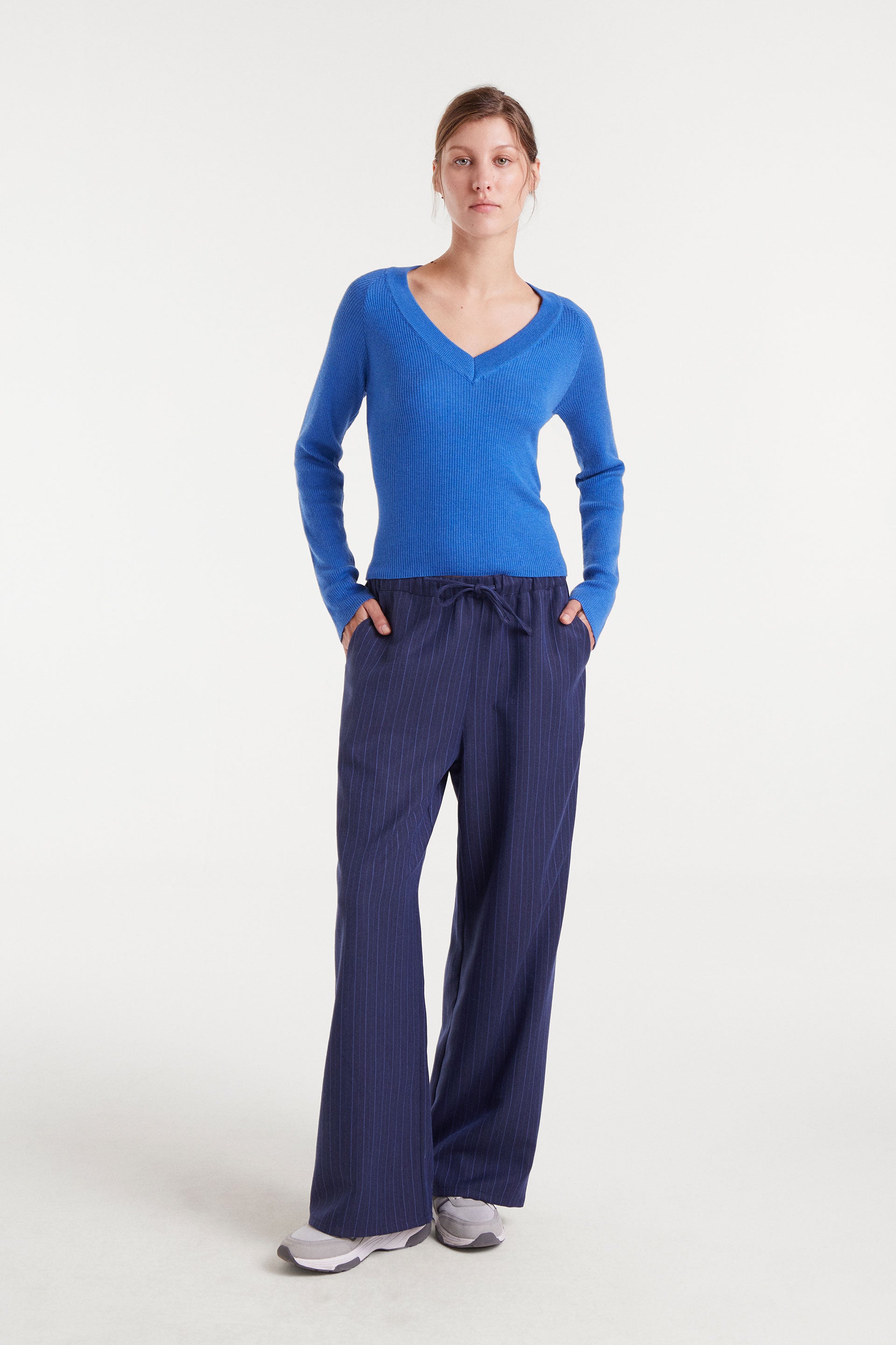 Blue V-Neck Ribbed Sweater