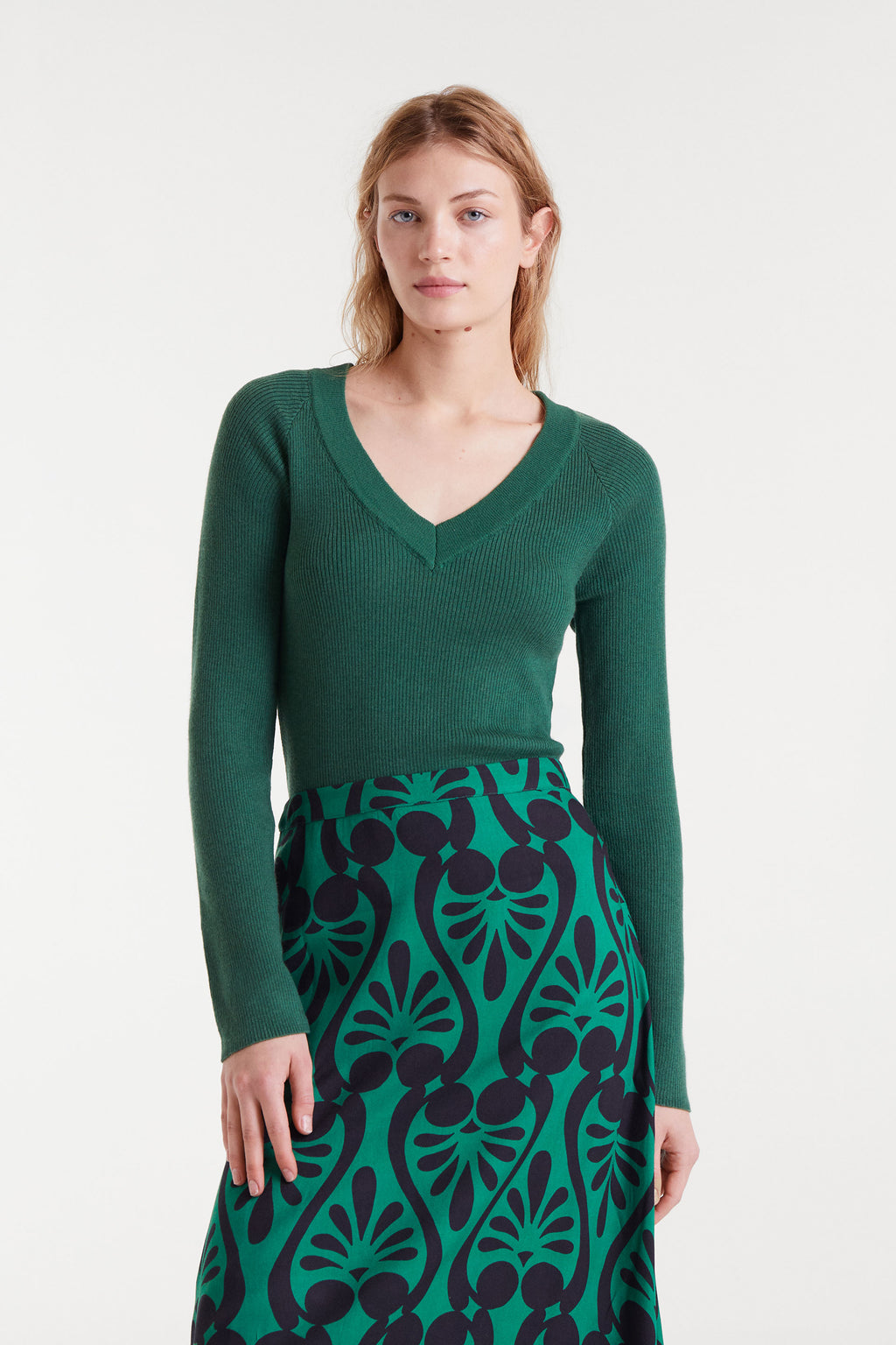 Green V-Neck Ribbed Sweater