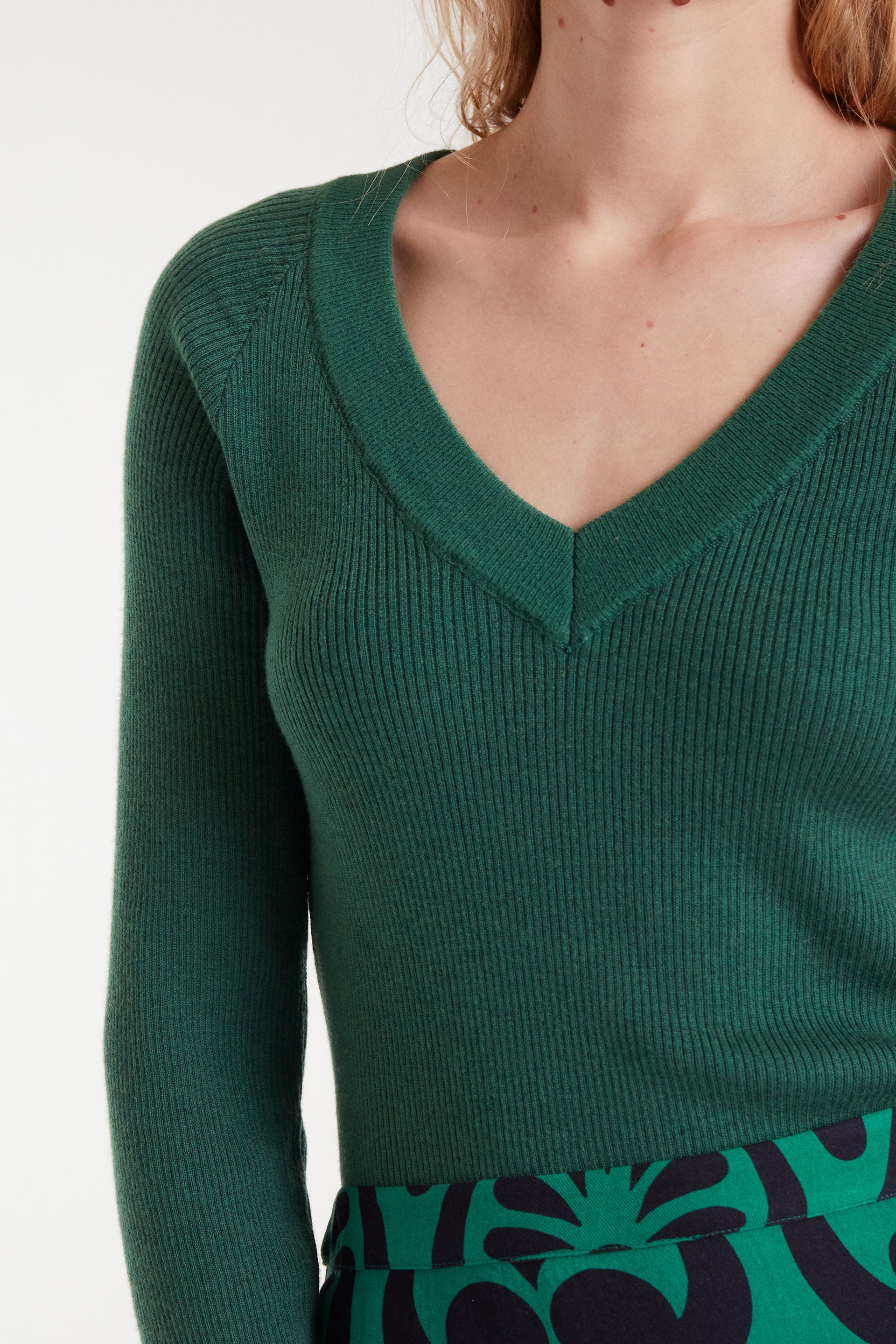 Green V-Neck Ribbed Sweater