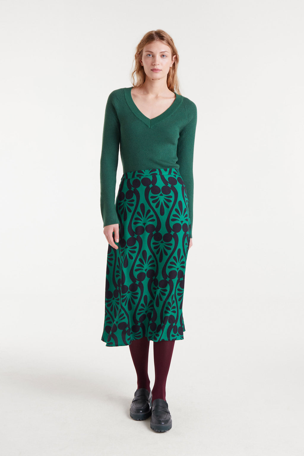 Green V-Neck Ribbed Sweater