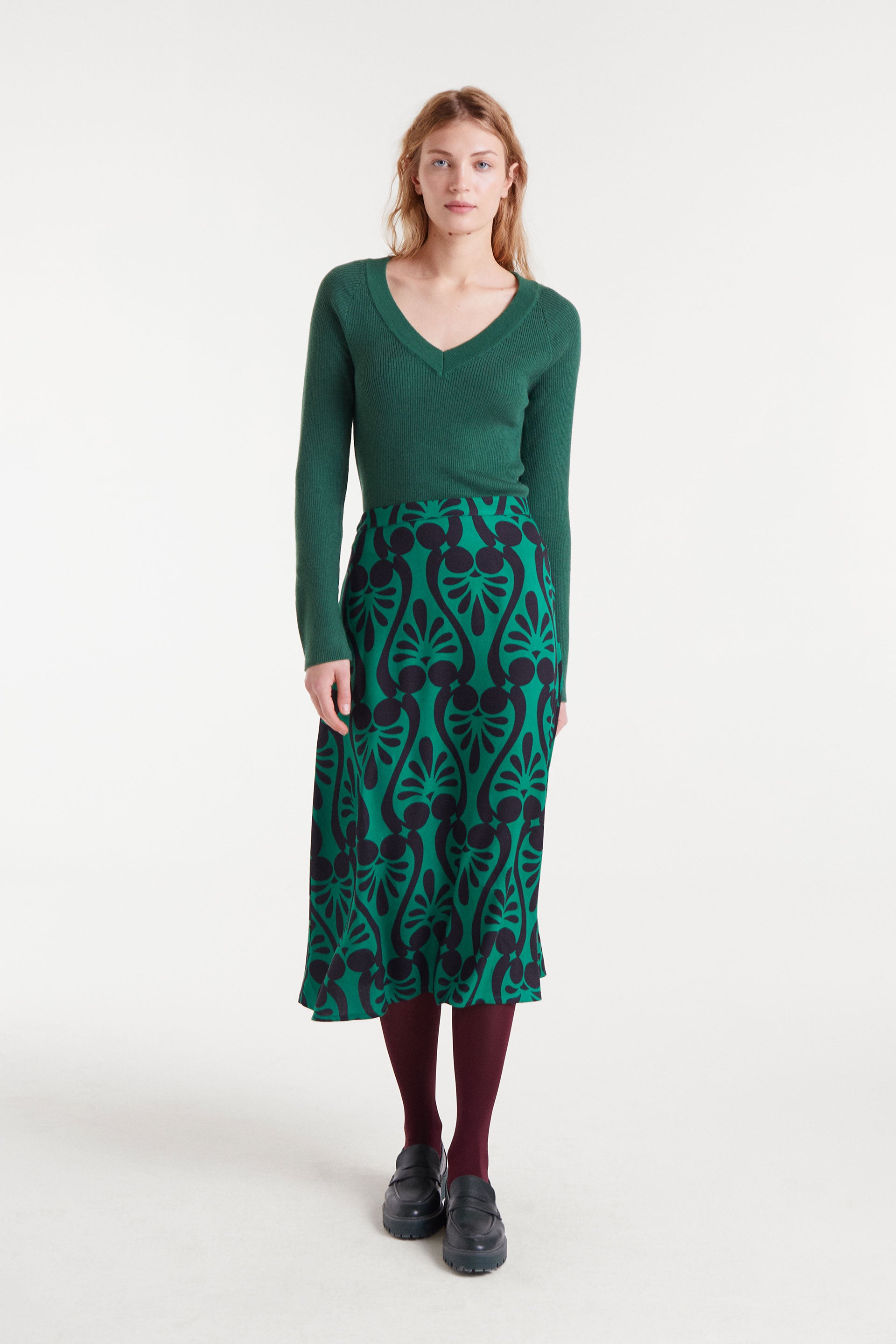 Green V-Neck Ribbed Sweater