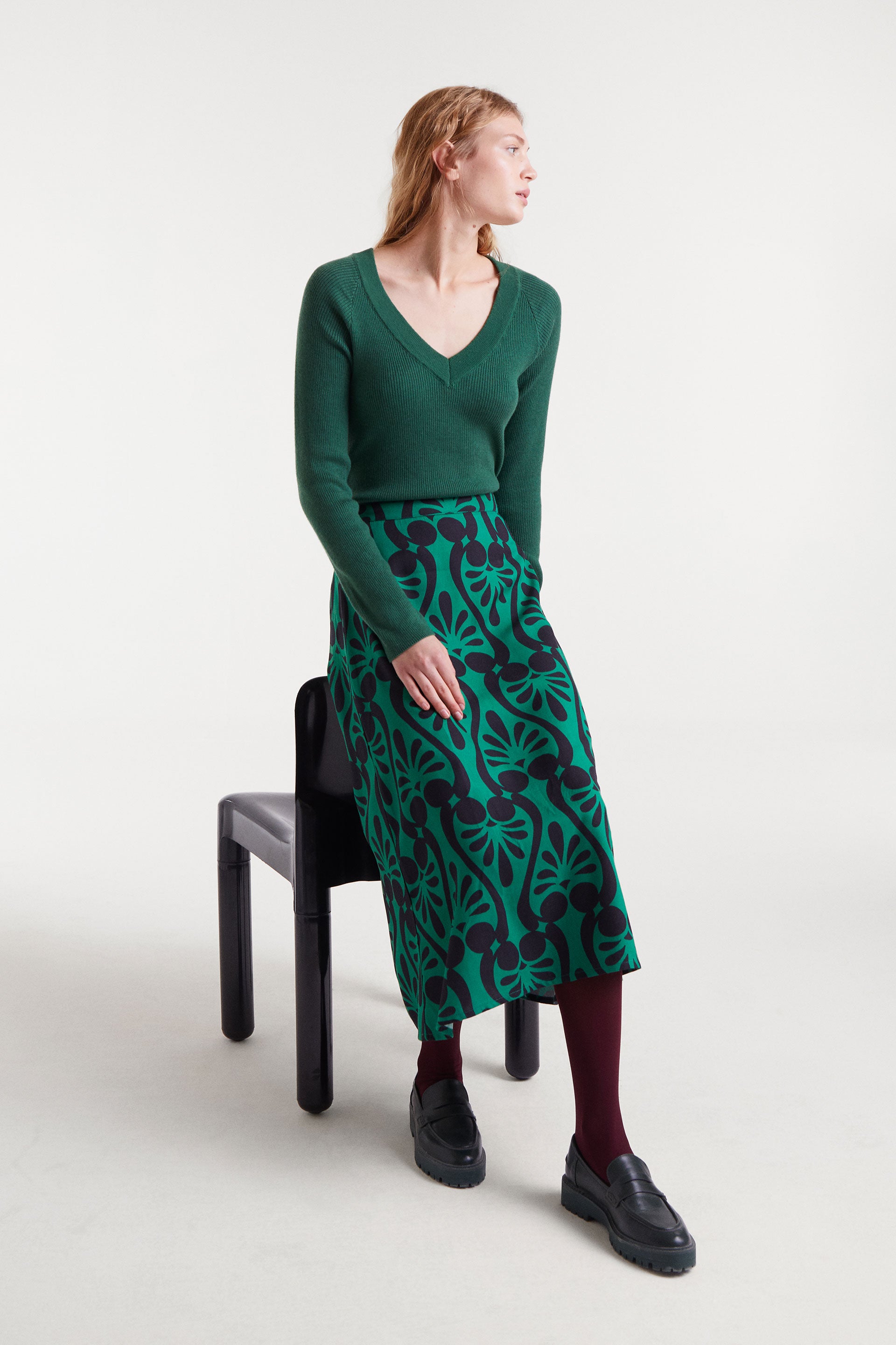 Green V-Neck Ribbed Sweater