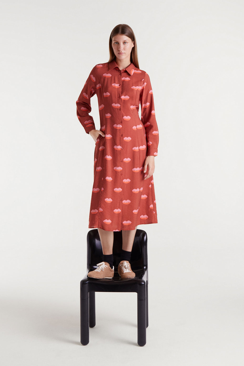 Rust Red Lips Print Dress