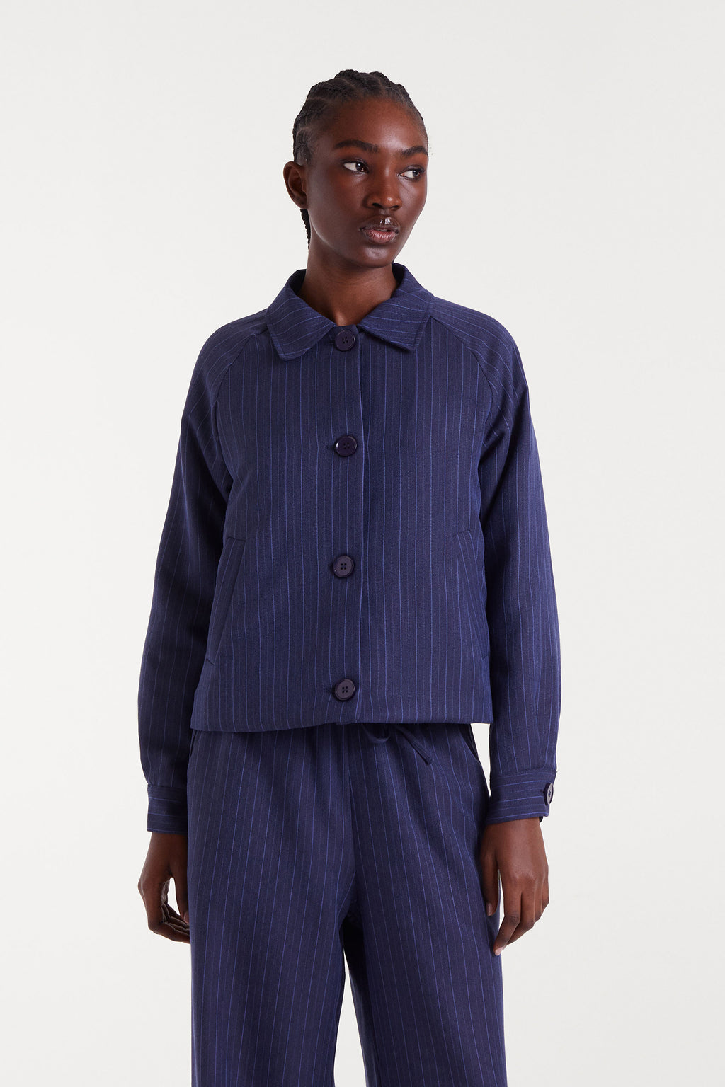 Navy Blue Striped Bomber Jacket