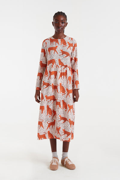Midi Dress with Orange Cat Patern
