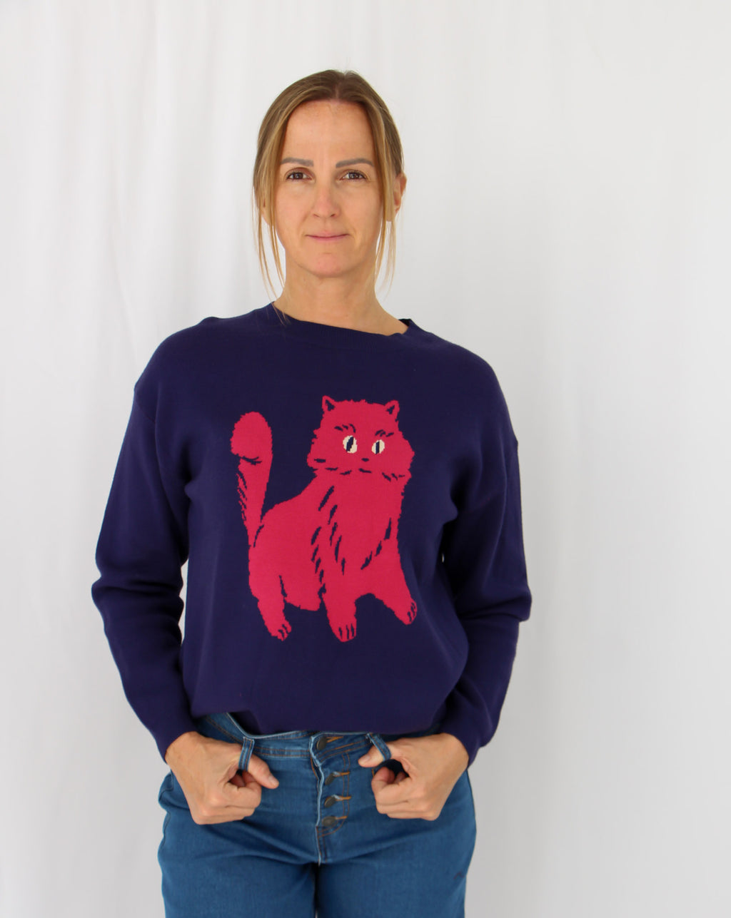 Blue Jumper with Pink Cat