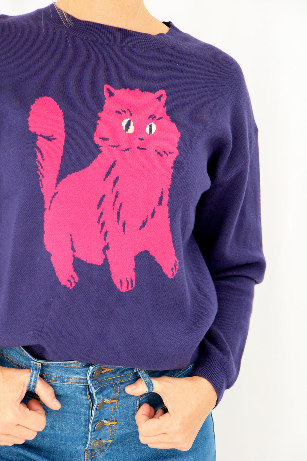Blue Jumper with Pink Cat